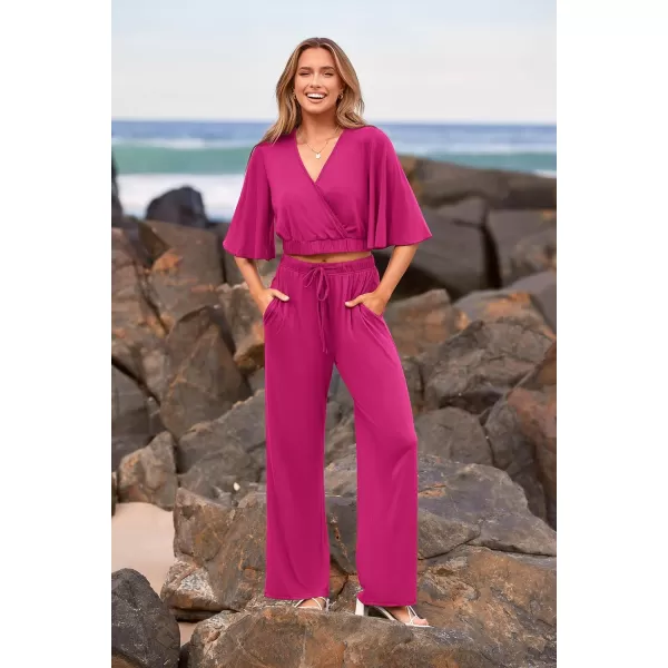 imagePRETTYGARDEN 2 Piece Outfits for Women 2023 Summer Short Sleeve Wrap V Neck Crop Tops Wide Leg Pants SetRose Red