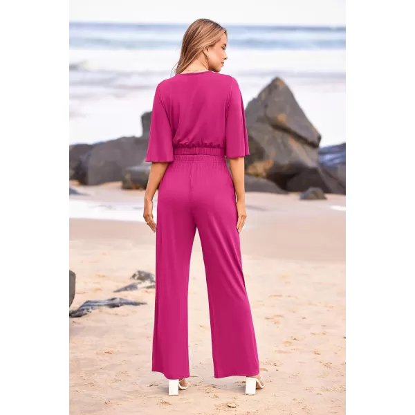imagePRETTYGARDEN 2 Piece Outfits for Women 2023 Summer Short Sleeve Wrap V Neck Crop Tops Wide Leg Pants SetRose Red