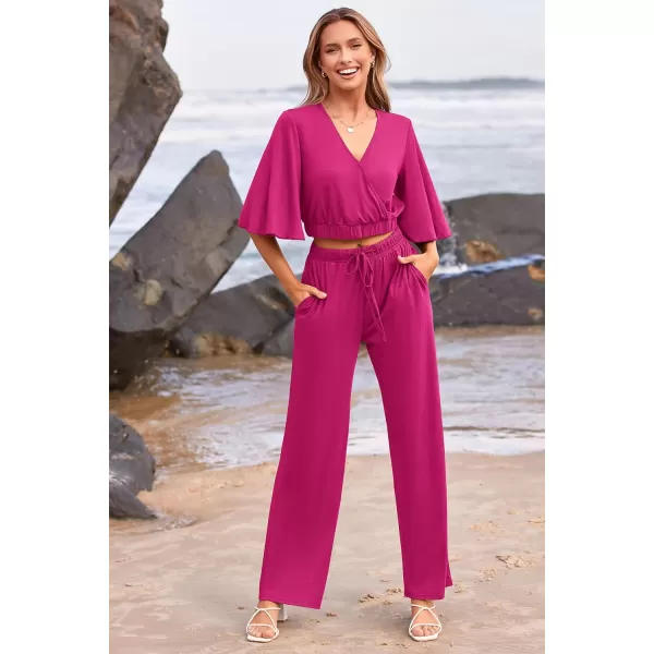 imagePRETTYGARDEN 2 Piece Outfits for Women 2023 Summer Short Sleeve Wrap V Neck Crop Tops Wide Leg Pants SetRose Red