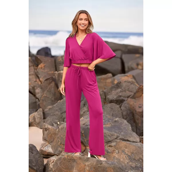 imagePRETTYGARDEN 2 Piece Outfits for Women 2023 Summer Short Sleeve Wrap V Neck Crop Tops Wide Leg Pants SetRose Red