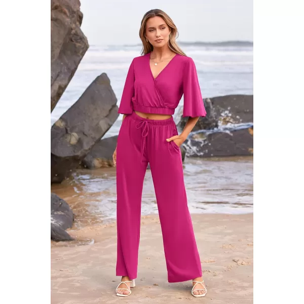 imagePRETTYGARDEN 2 Piece Outfits for Women 2023 Summer Short Sleeve Wrap V Neck Crop Tops Wide Leg Pants SetRose Red