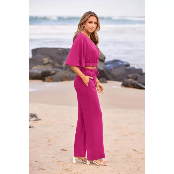 imagePRETTYGARDEN 2 Piece Outfits for Women 2023 Summer Short Sleeve Wrap V Neck Crop Tops Wide Leg Pants SetRose Red