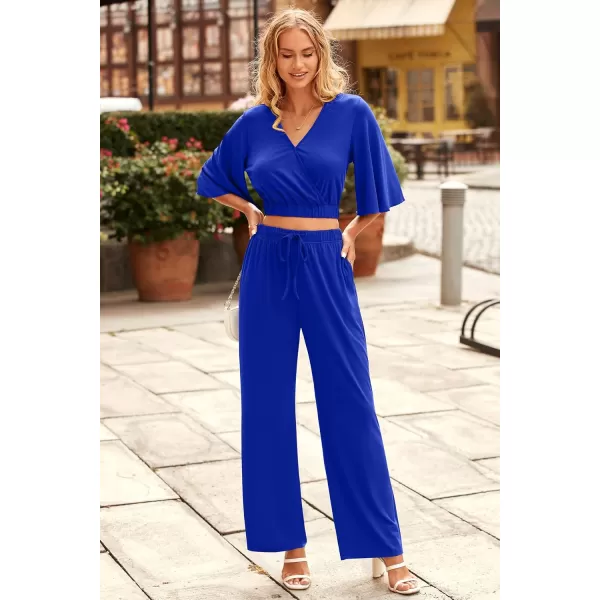 imagePRETTYGARDEN 2 Piece Outfits for Women 2023 Summer Short Sleeve Wrap V Neck Crop Tops Wide Leg Pants SetRoyal Blue