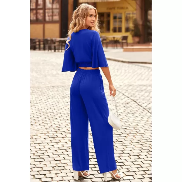 imagePRETTYGARDEN 2 Piece Outfits for Women 2023 Summer Short Sleeve Wrap V Neck Crop Tops Wide Leg Pants SetRoyal Blue
