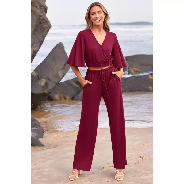 imagePRETTYGARDEN 2 Piece Outfits for Women 2023 Summer Short Sleeve Wrap V Neck Crop Tops Wide Leg Pants SetWine Red