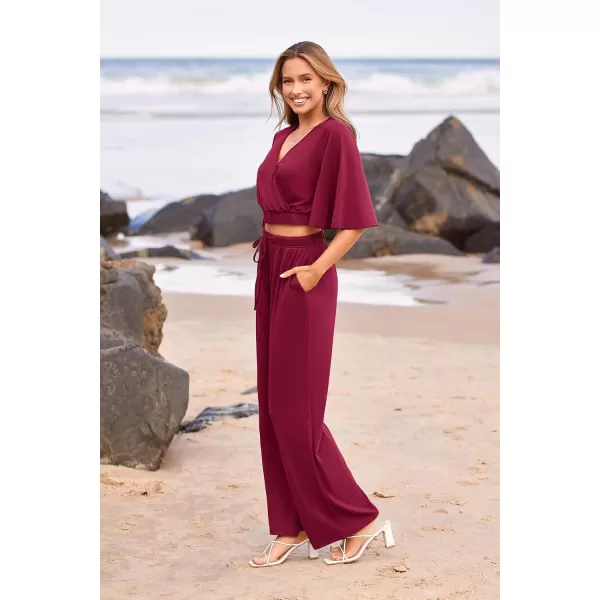 imagePRETTYGARDEN 2 Piece Outfits for Women 2023 Summer Short Sleeve Wrap V Neck Crop Tops Wide Leg Pants SetWine Red