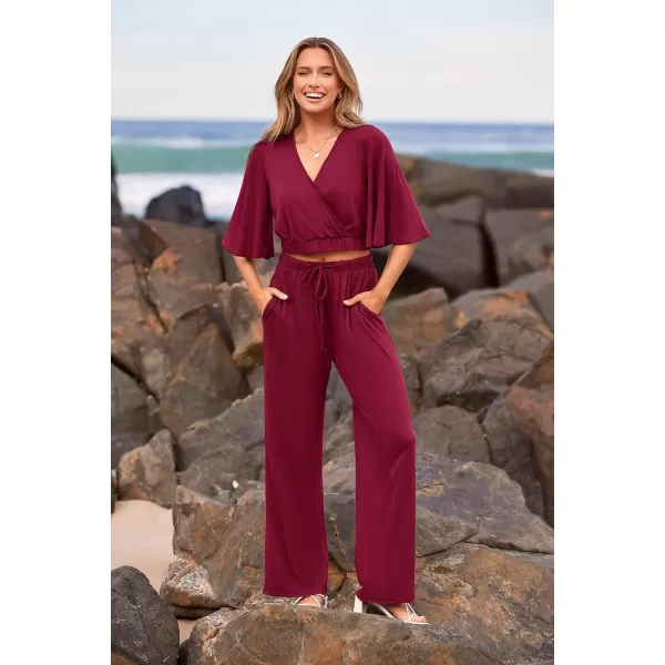imagePRETTYGARDEN 2 Piece Outfits for Women 2023 Summer Short Sleeve Wrap V Neck Crop Tops Wide Leg Pants SetWine Red