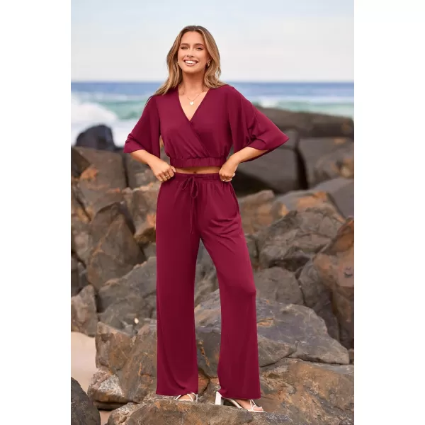 imagePRETTYGARDEN 2 Piece Outfits for Women 2023 Summer Short Sleeve Wrap V Neck Crop Tops Wide Leg Pants SetWine Red