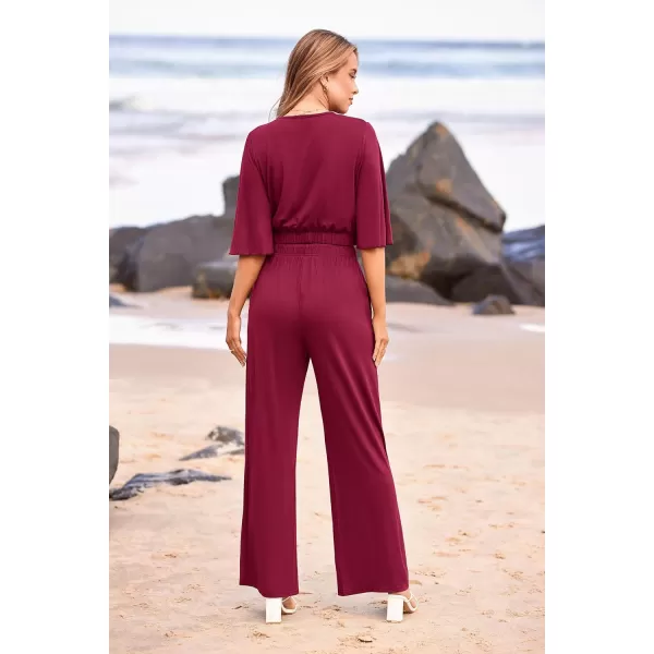 imagePRETTYGARDEN 2 Piece Outfits for Women 2023 Summer Short Sleeve Wrap V Neck Crop Tops Wide Leg Pants SetWine Red