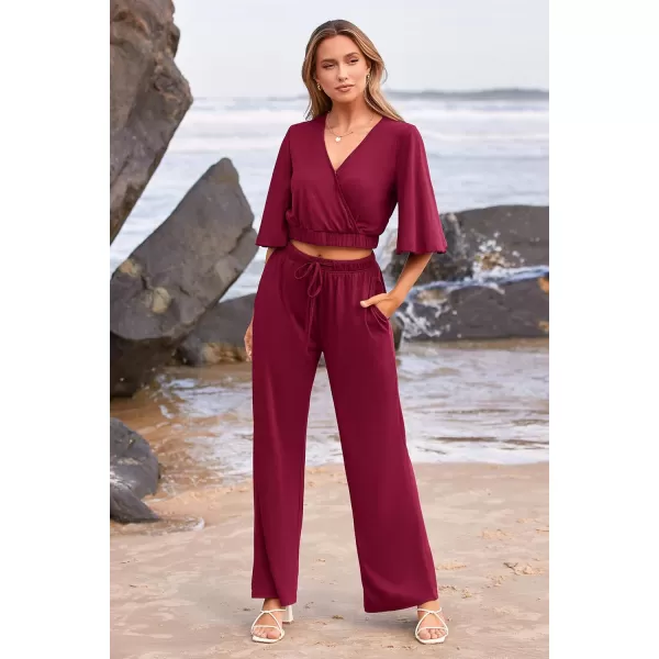 imagePRETTYGARDEN 2 Piece Outfits for Women 2023 Summer Short Sleeve Wrap V Neck Crop Tops Wide Leg Pants SetWine Red