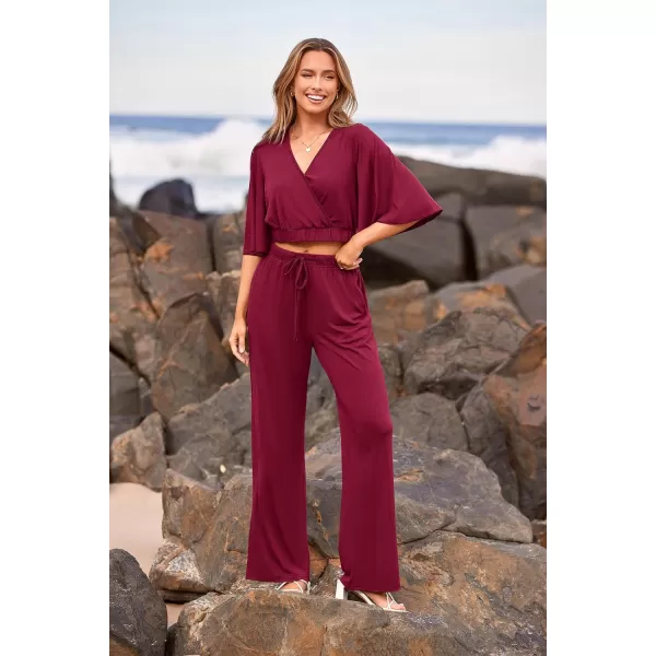 imagePRETTYGARDEN 2 Piece Outfits for Women 2023 Summer Short Sleeve Wrap V Neck Crop Tops Wide Leg Pants SetWine Red