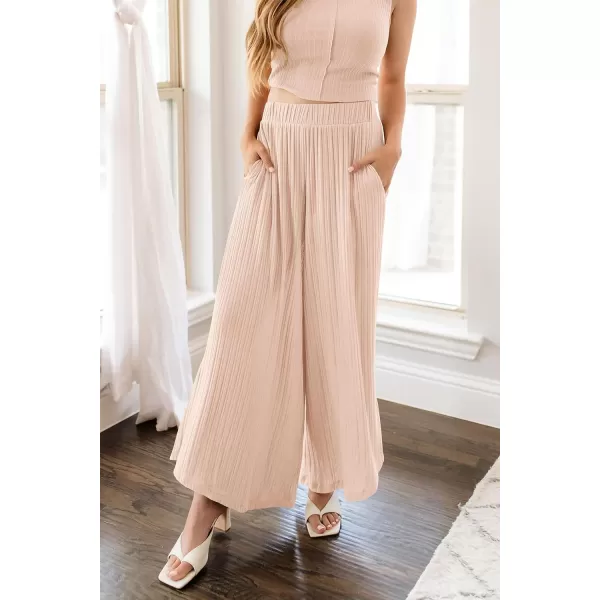 imagePRETTYGARDEN 2 Piece Outfits for Women Summer Casual Tank Tops and Wide Leg Pants Lounge Sets TracksuitsBeige