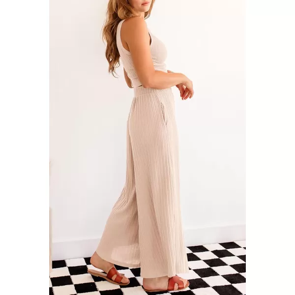 imagePRETTYGARDEN 2 Piece Outfits for Women Summer Casual Tank Tops and Wide Leg Pants Lounge Sets TracksuitsBeige