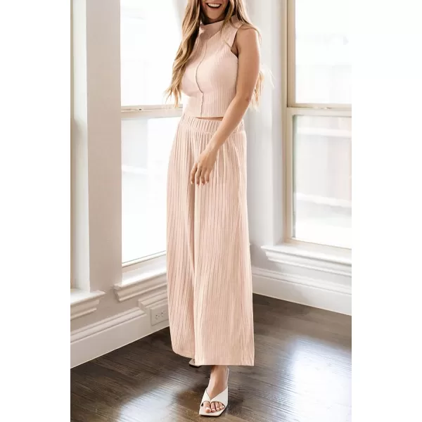 imagePRETTYGARDEN 2 Piece Outfits for Women Summer Casual Tank Tops and Wide Leg Pants Lounge Sets TracksuitsBeige