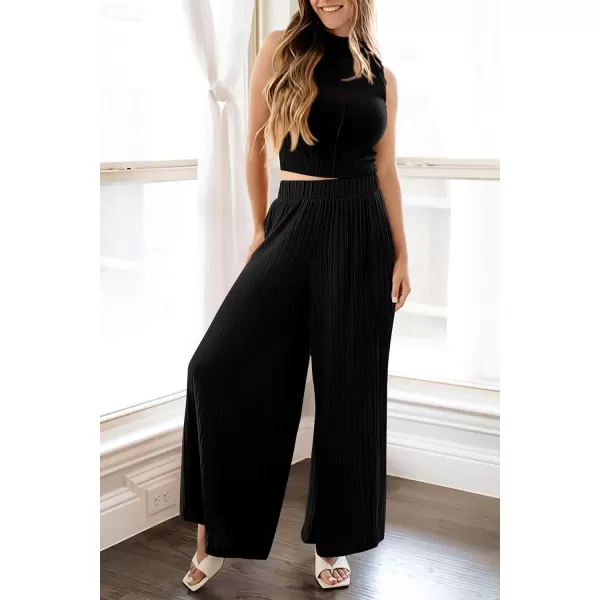 imagePRETTYGARDEN 2 Piece Outfits for Women Summer Casual Tank Tops and Wide Leg Pants Lounge Sets TracksuitsBlack