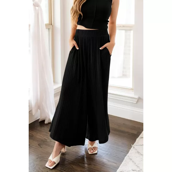 imagePRETTYGARDEN 2 Piece Outfits for Women Summer Casual Tank Tops and Wide Leg Pants Lounge Sets TracksuitsBlack