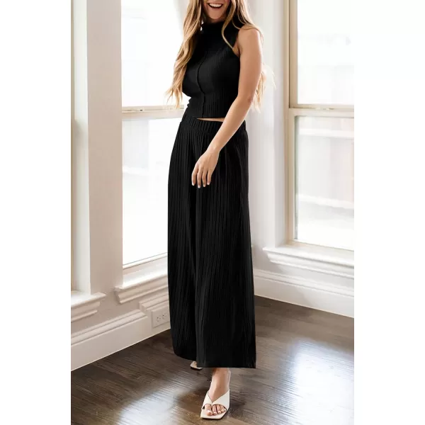 imagePRETTYGARDEN 2 Piece Outfits for Women Summer Casual Tank Tops and Wide Leg Pants Lounge Sets TracksuitsBlack