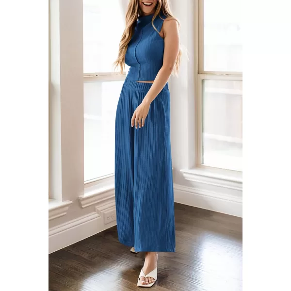 imagePRETTYGARDEN 2 Piece Outfits for Women Summer Casual Tank Tops and Wide Leg Pants Lounge Sets TracksuitsBlue