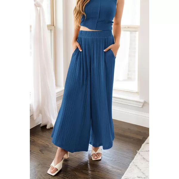 imagePRETTYGARDEN 2 Piece Outfits for Women Summer Casual Tank Tops and Wide Leg Pants Lounge Sets TracksuitsBlue