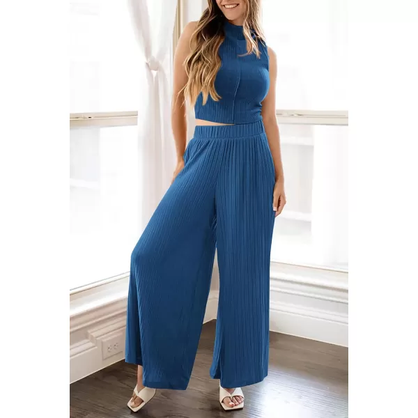 imagePRETTYGARDEN 2 Piece Outfits for Women Summer Casual Tank Tops and Wide Leg Pants Lounge Sets TracksuitsBlue