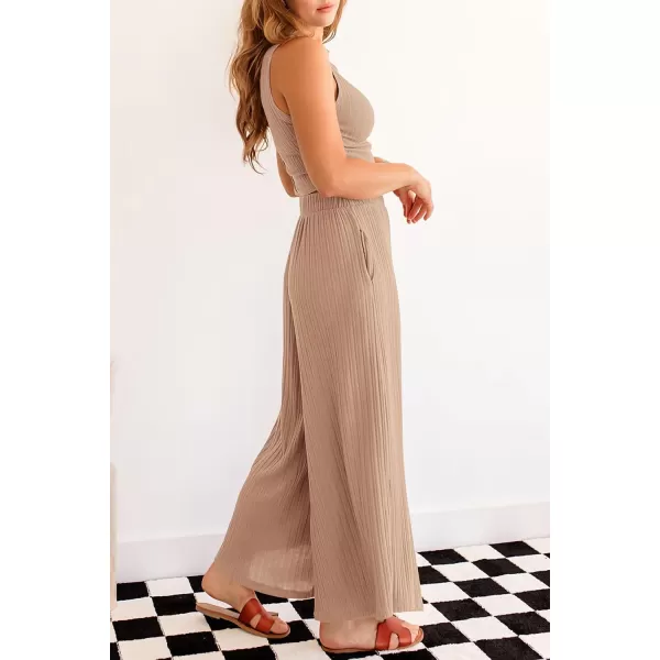 imagePRETTYGARDEN 2 Piece Outfits for Women Summer Casual Tank Tops and Wide Leg Pants Lounge Sets TracksuitsKhaki