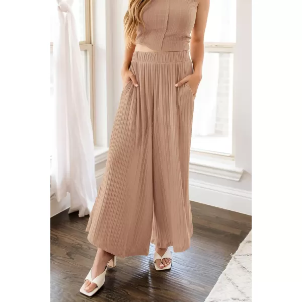 imagePRETTYGARDEN 2 Piece Outfits for Women Summer Casual Tank Tops and Wide Leg Pants Lounge Sets TracksuitsKhaki