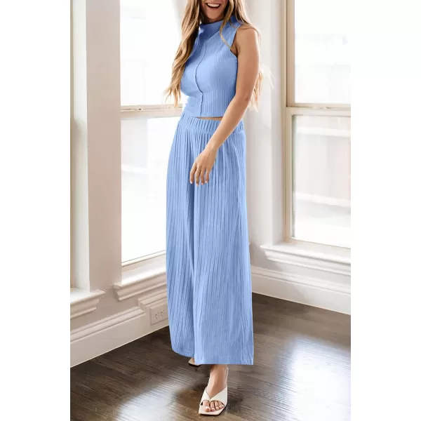 imagePRETTYGARDEN 2 Piece Outfits for Women Summer Casual Tank Tops and Wide Leg Pants Lounge Sets TracksuitsLight Blue