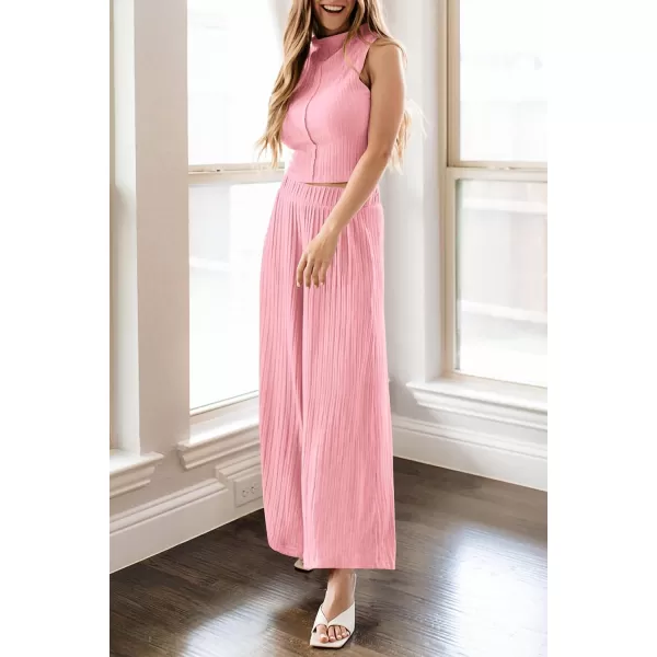 imagePRETTYGARDEN 2 Piece Outfits for Women Summer Casual Tank Tops and Wide Leg Pants Lounge Sets TracksuitsLight Pink