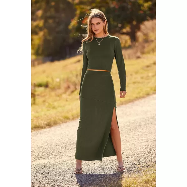 imagePRETTYGARDEN 2023 Fall 2 Piece Outfits For Women Rib Knit Crop Top And Slit Maxi Dress Skirt Sets TracksuitArmy Green