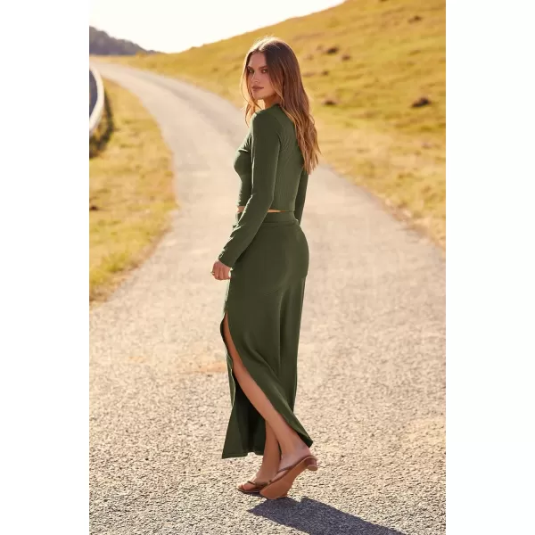 imagePRETTYGARDEN 2023 Fall 2 Piece Outfits For Women Rib Knit Crop Top And Slit Maxi Dress Skirt Sets TracksuitArmy Green