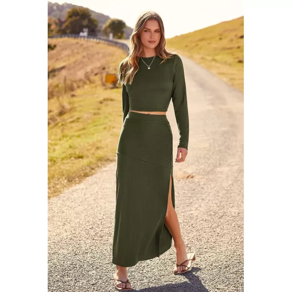 imagePRETTYGARDEN 2023 Fall 2 Piece Outfits For Women Rib Knit Crop Top And Slit Maxi Dress Skirt Sets TracksuitArmy Green