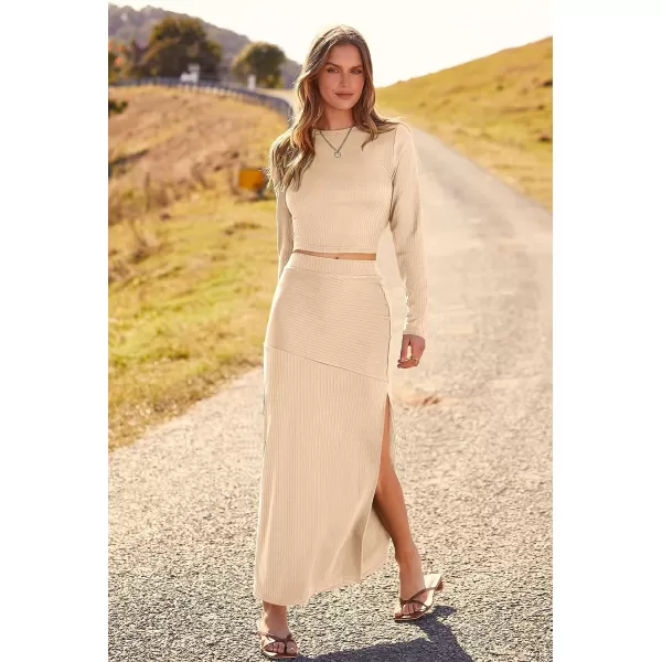 imagePRETTYGARDEN 2023 Fall 2 Piece Outfits For Women Rib Knit Crop Top And Slit Maxi Dress Skirt Sets TracksuitBeige