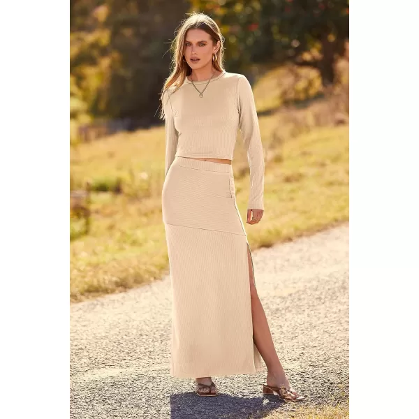 imagePRETTYGARDEN 2023 Fall 2 Piece Outfits For Women Rib Knit Crop Top And Slit Maxi Dress Skirt Sets TracksuitBeige