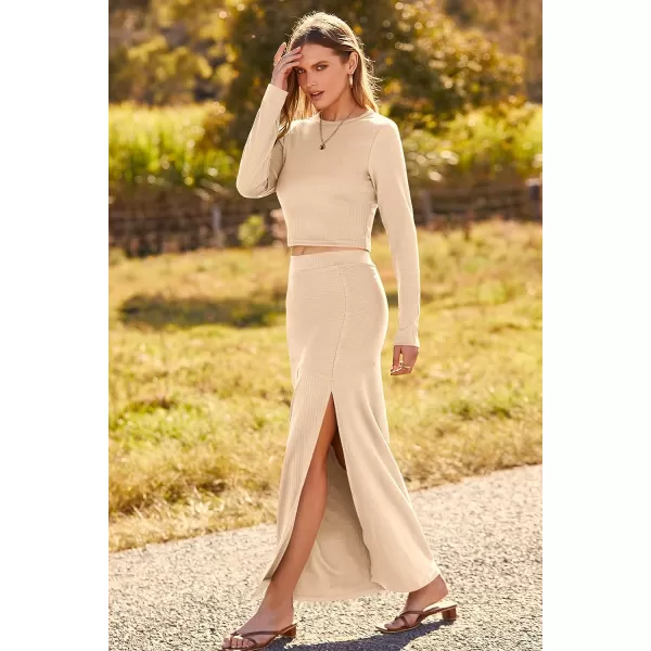 imagePRETTYGARDEN 2023 Fall 2 Piece Outfits For Women Rib Knit Crop Top And Slit Maxi Dress Skirt Sets TracksuitBeige
