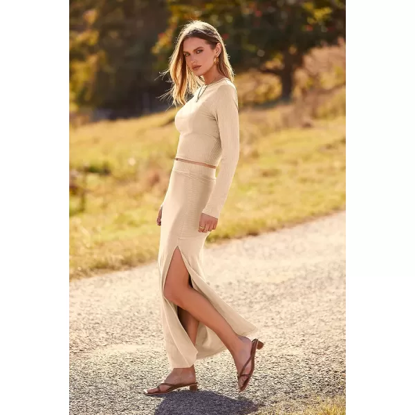 imagePRETTYGARDEN 2023 Fall 2 Piece Outfits For Women Rib Knit Crop Top And Slit Maxi Dress Skirt Sets TracksuitBeige