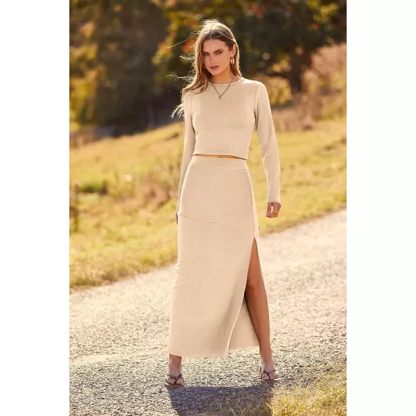 imagePRETTYGARDEN 2023 Fall 2 Piece Outfits For Women Rib Knit Crop Top And Slit Maxi Dress Skirt Sets TracksuitBeige