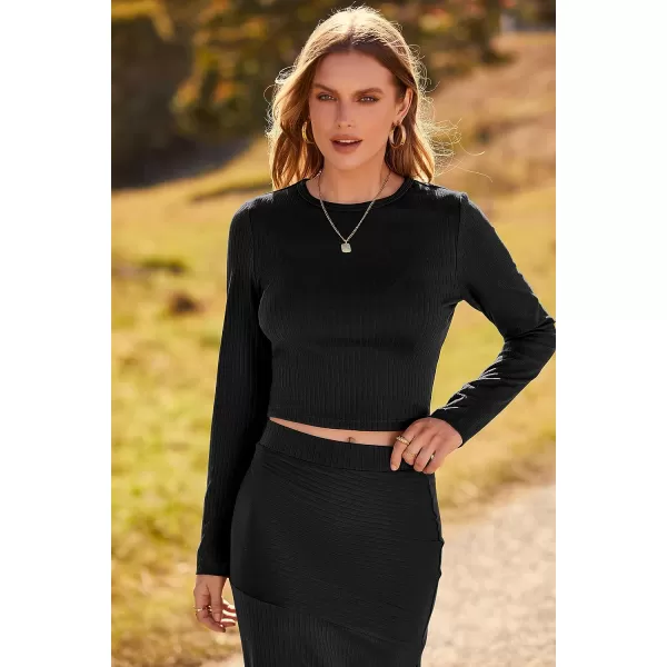 imagePRETTYGARDEN 2023 Fall 2 Piece Outfits For Women Rib Knit Crop Top And Slit Maxi Dress Skirt Sets TracksuitBlack