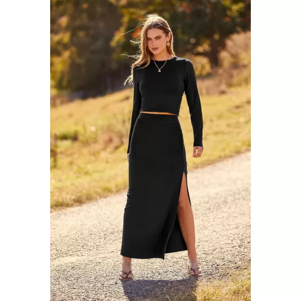 imagePRETTYGARDEN 2023 Fall 2 Piece Outfits For Women Rib Knit Crop Top And Slit Maxi Dress Skirt Sets TracksuitBlack