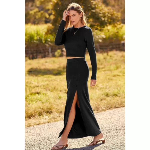 imagePRETTYGARDEN 2023 Fall 2 Piece Outfits For Women Rib Knit Crop Top And Slit Maxi Dress Skirt Sets TracksuitBlack