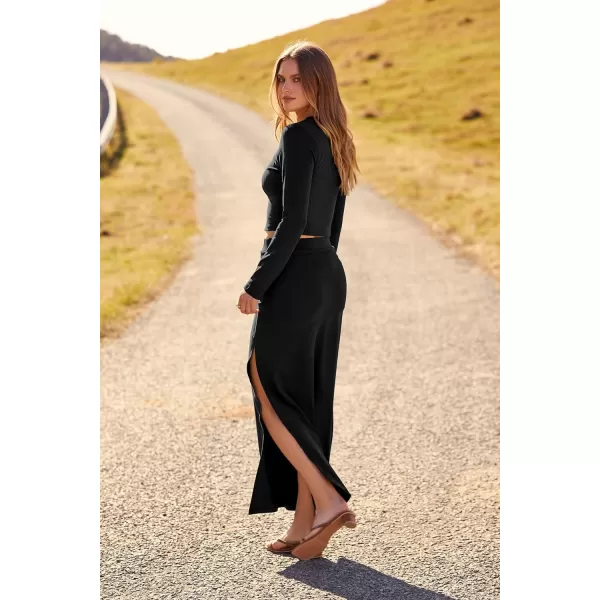 imagePRETTYGARDEN 2023 Fall 2 Piece Outfits For Women Rib Knit Crop Top And Slit Maxi Dress Skirt Sets TracksuitBlack