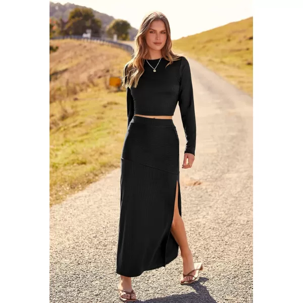 imagePRETTYGARDEN 2023 Fall 2 Piece Outfits For Women Rib Knit Crop Top And Slit Maxi Dress Skirt Sets TracksuitBlack