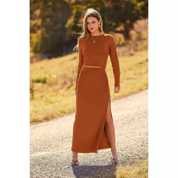 imagePRETTYGARDEN 2023 Fall 2 Piece Outfits For Women Rib Knit Crop Top And Slit Maxi Dress Skirt Sets TracksuitBrick Red
