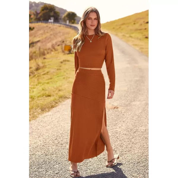 imagePRETTYGARDEN 2023 Fall 2 Piece Outfits For Women Rib Knit Crop Top And Slit Maxi Dress Skirt Sets TracksuitBrick Red