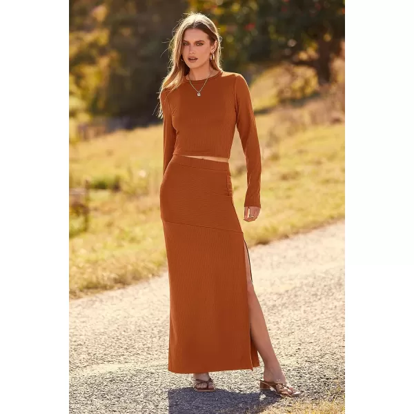 imagePRETTYGARDEN 2023 Fall 2 Piece Outfits For Women Rib Knit Crop Top And Slit Maxi Dress Skirt Sets TracksuitBrick Red