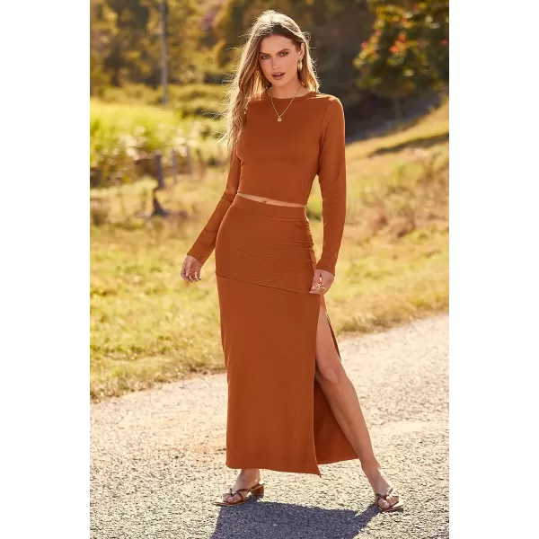 imagePRETTYGARDEN 2023 Fall 2 Piece Outfits For Women Rib Knit Crop Top And Slit Maxi Dress Skirt Sets TracksuitBrick Red