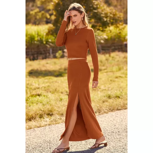imagePRETTYGARDEN 2023 Fall 2 Piece Outfits For Women Rib Knit Crop Top And Slit Maxi Dress Skirt Sets TracksuitBrick Red