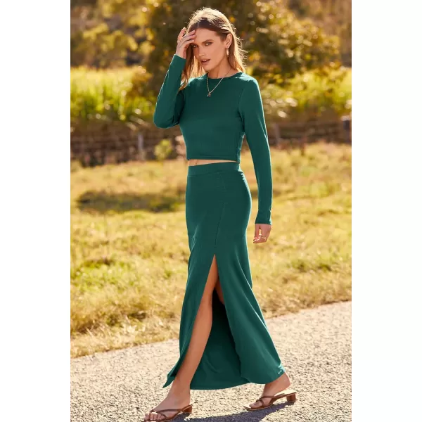imagePRETTYGARDEN 2023 Fall 2 Piece Outfits For Women Rib Knit Crop Top And Slit Maxi Dress Skirt Sets TracksuitDark Green