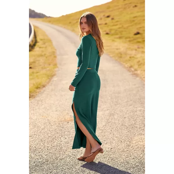 imagePRETTYGARDEN 2023 Fall 2 Piece Outfits For Women Rib Knit Crop Top And Slit Maxi Dress Skirt Sets TracksuitDark Green