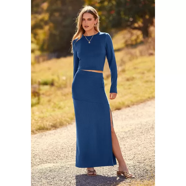 imagePRETTYGARDEN 2023 Fall 2 Piece Outfits For Women Rib Knit Crop Top And Slit Maxi Dress Skirt Sets TracksuitDenim Blue