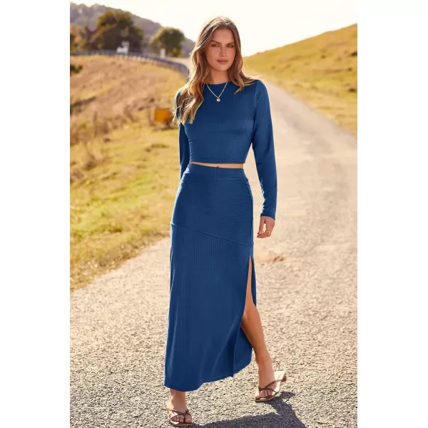 imagePRETTYGARDEN 2023 Fall 2 Piece Outfits For Women Rib Knit Crop Top And Slit Maxi Dress Skirt Sets TracksuitDenim Blue